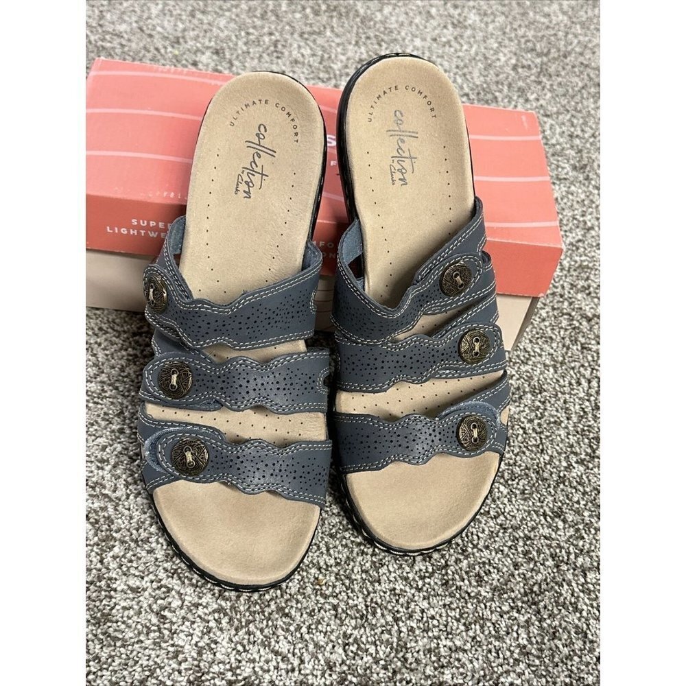 Clarks Size 10 Leisa Cacti Genuine Leather Slides Sandals Gray Open Toe Flat New